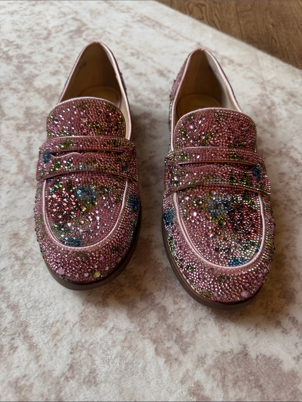 Betsey Johnson Pink Crystal Embellished Loafers with Multicolor Accents